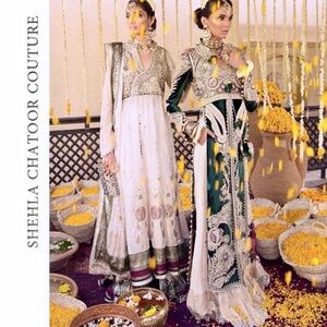 Beautiful Shehla Chatoor Green Embellished outfit with golden & offwhite Accents